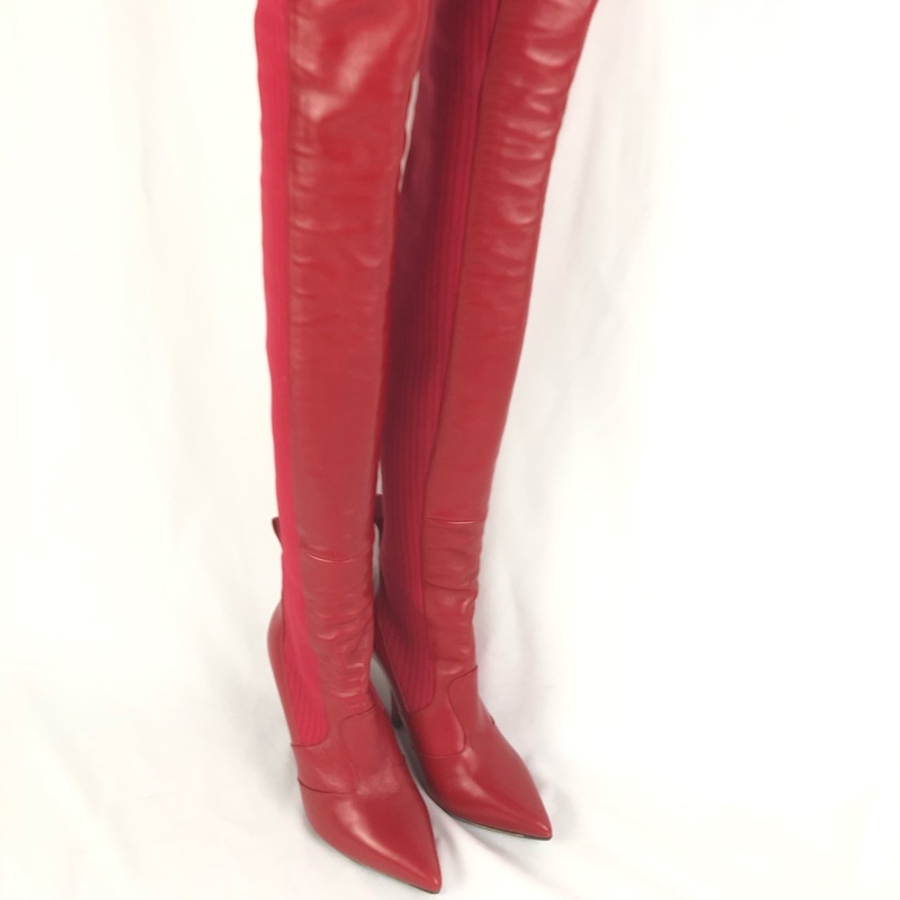 FENDI Red Leather Thigh-High Boots